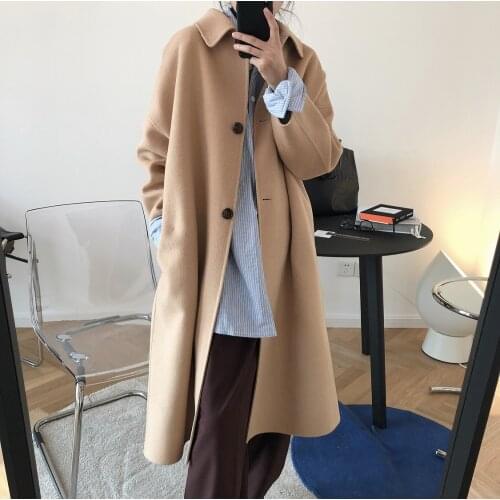 2021 Vintage Warm Single Breasted Long Woolen Coat Women Clothes Winter Coats Wool Jacket Female Double Sides Cashmere Overcoat