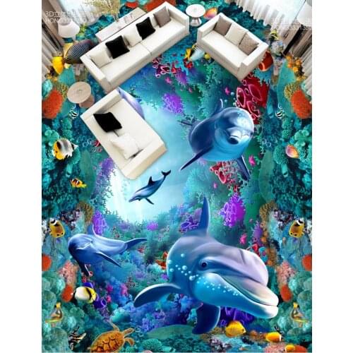 3D stereoscopic Sea World Dolphin PVC waterproof floor Custom Photo self-adhesive 3D floor 3D wall mural flooring