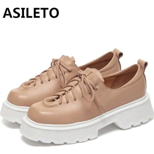 ASILETO 2021 Lace Up Platform Fashion Women Shoes Genuine Leather Spring Autumn Ladies Pumps Square Toe High Heels Size 34-39