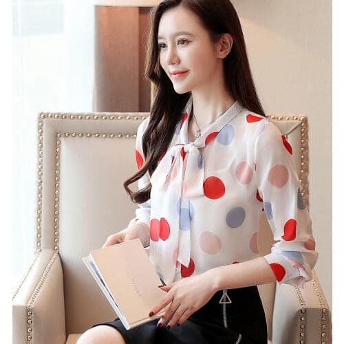 Spring Autumn Women Chiffon Long Sleeve Fashion Tops Dots Blouses Korean Version Bow-Knot Decoration Shirts Blusas MM0356