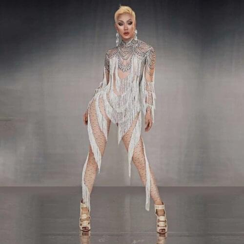 Pole Dance Fringe Bodysuit Car Model Catwalk Stretch Jumpsuit Nightclub Stage Performance Costumes Festival Rave Outfit DQL4066