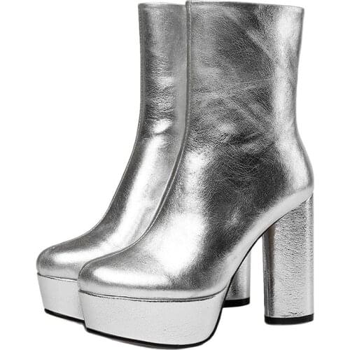 Top Quality Genuine Leather High Heel Thick Platform Women Ankle Boots with Zipper Round Toe Party Weddings Ladies Shoes Silver