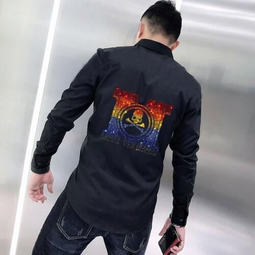 Spring Mens T-Shirt Long Sleeve Pure Color Hot Diamond Letter Style Autumn Business Tops Button Youth Lapel