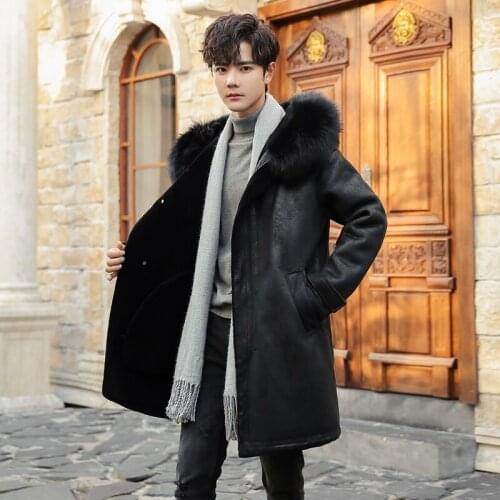 Mens Long Chamois Leather Coat Raccoon Fur Collar Men Leather Jacket Wool Liner Fur Outerwear Mens Winter Fur Coats