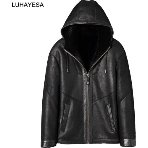 2020 New Hooded Black Men Sheepskin Shearling Fur Clothing Winter Warm Natural Fur Coats Casual Male Real Fur Jackets