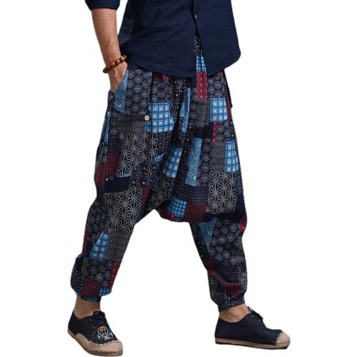 Men Soft and Comfortable Loose Cotton and Linen C Pants Fashion Print Mid-Waist Design Loose Version Summer Thai Harem Pants