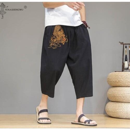 Mens Japanese Kimono Traditional Style Summer Casual Pants Bloomers Middle Pants Male Yukata Linen Embroidery Cropped Trouser