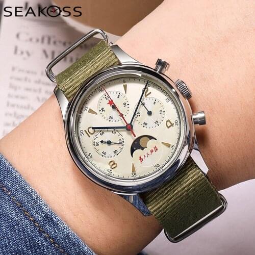 SEAKOSS RED STAR 1963 Seagull Watch Men 40mm Moon Phase Calendar ST1908 Mechanical Hand Winding Movement Chronograph D304 Pilot
