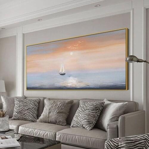 Wall Painting Handmade Sailboat Sunrise Seascape wall Pictures For Home Decor Canvas Oil Painting For Living Room Sofa Bedroom