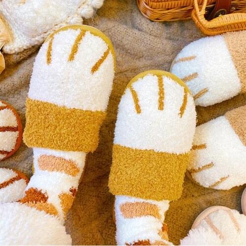 [Free Sock] Super Cute Cat Paw Women Fur Slipers Winter House Bedroom Keep Warm Plush Shoes Non-slip Indoor Women Furry Slippers