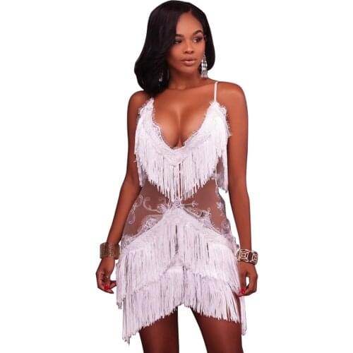 S Curve Tassel Fringe Bandage Bodycon Mini Dress Sexy Lace Embroidery V Neck Spaghetti Strap Party Dress