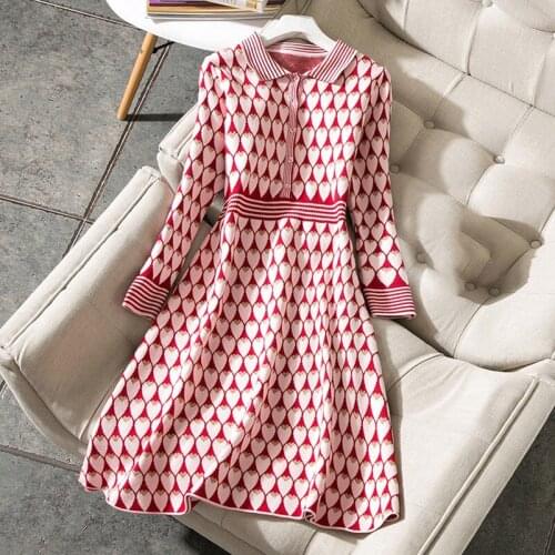 Autumn Streetwear Long-sleeve Dress Elegant Lady Red Sweater Dress New Fashion Elegant Long Style Knitted Sweater A Line Dress