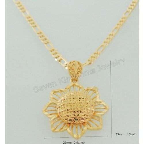 NEW SUN FLOWER PENDANT WITH 24INCH FIGARO OR 18INCH WATER WAVE NECKLACE YELLOW GOLD GP OVERLAY FILLED BRASS GREAT GIFT