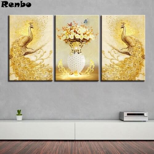 5D Full square Diamond Painting 3pcs Golden Peacock Couple Diamond Mosaic picture of rhinestone Diamond Embroidery Flowers