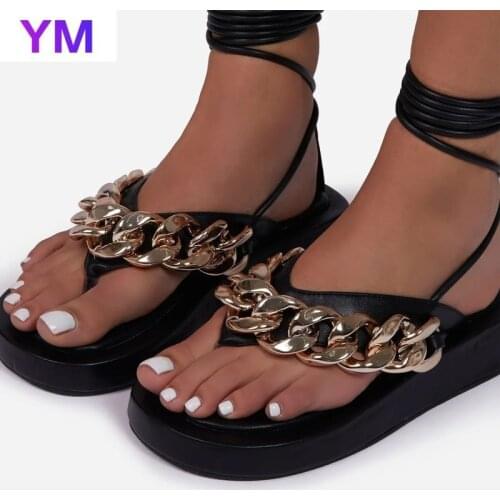 Womens Platform Chain Decor Sandals Female Summer 2021 Women Thick Bottom Shoes Lace Up Wedge Platform Sandals Increased Shoes