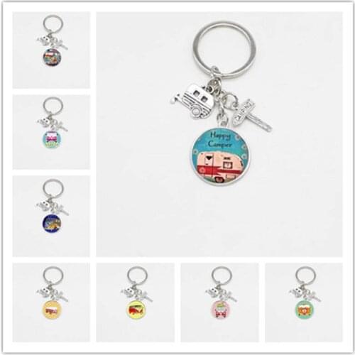 Happy camping cute car travel camper road sign glass cabochon keychain traveler keychain charm jewelry wholesale