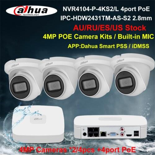 Dahua Security Camera System 4MP PoE Kits IPC-HDW2431TM-AS-S2 NVR4104-P-4KS2/L 4CH NVR Recorder 2/4pcs IP Camera Build in Mic