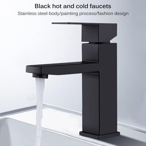 Home Basin Faucet Black Square Bathroom Sink Faucet Tap Stainless Steel Single Hole Bathroom Faucet Deck Mounted Basin Mixer Tap