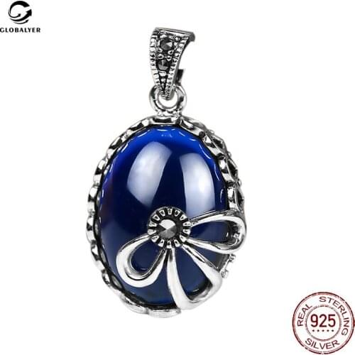 Thai silver Vintage emerald chalcedony agate pendant Female clavicle necklace Silver pendant Female jewelry Friend gift 015