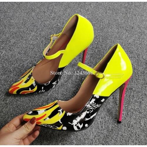 New Printed Patent Leather Stiletto Heel Pumps Shoes Lady Sexy Pointed Toe Buckle Strap Single Shoes Women Popular Party Shoes