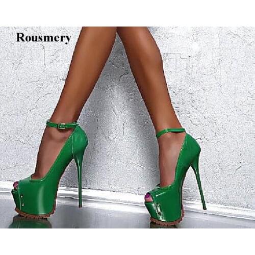 Women High Quality Open Toe Red Green High Platform Pumps Ankle Strap Stiletto High Heels Formal 16cm Heel Dress Shoes