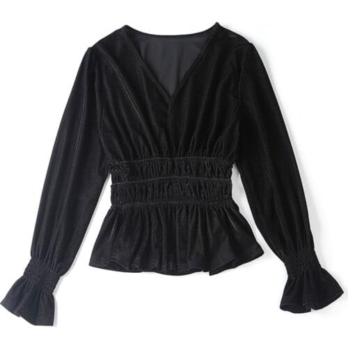 PERHAPS U Black Khaki Velour Velvet V Neck Full Sleeve Top Solid High Street Long Sleeve Korean Fall B0224