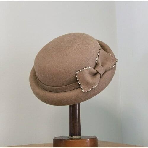 New Autumn Winter 100% Wool Shiny Rhinestone Bowknot French Grace Formal Dinner Church Hat Ladies Fedora Hats Women Cloche Hat