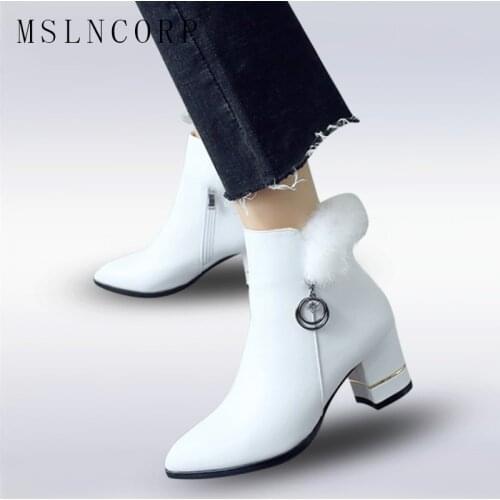 Size 34-43 Women Leather Winter Boots Zipper Ankle Boots Real Rabbit Hair High Heels Pointed Toe Fashion Winter chelsea Boots