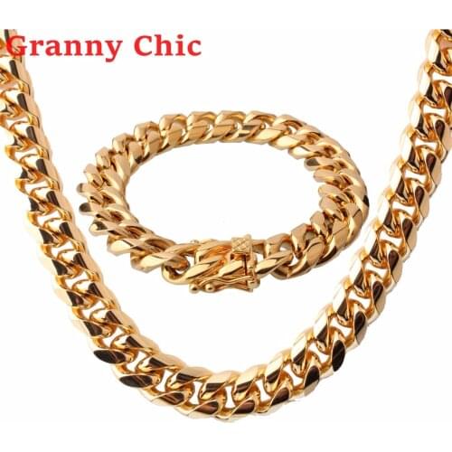 Granny Chic Fashion 14mm Mens Cuban Miami Link Bracelet & Chain Set 316L Stainless Steel Gold Hip Hop Necklace Chain Jewelry Set