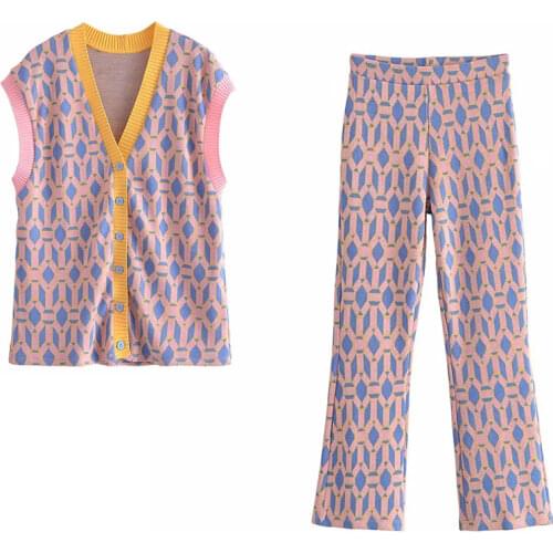 Za Women Fashion Color Matching Knitted Vest Sweater Vintage Sleeveless Female Waistcoat And High Waist Knitted Pants Chic Sets