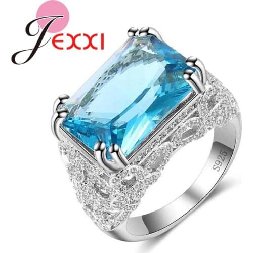 Vintage Style Finger Rings with Rectangle Sky Blue Cubic Zirconia 925 Sterling Silver Jewelry for Women Wedding