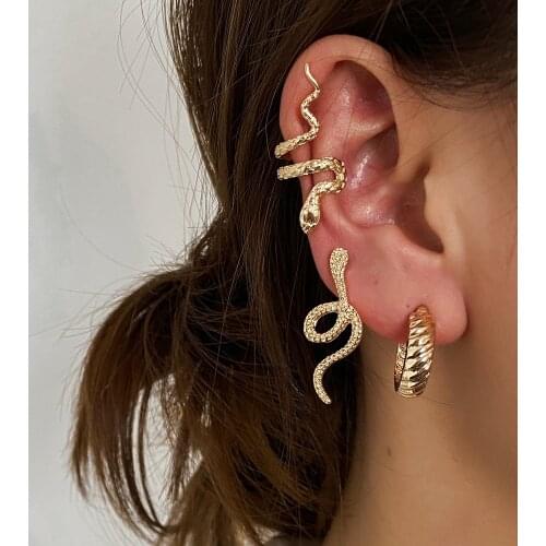 Gold 3PC/SET C-Shape Gothic Snake Ear Post Cuff Clip On Earrings Fake Cartilage Earring Clip Earring Women No Pierced Earrings