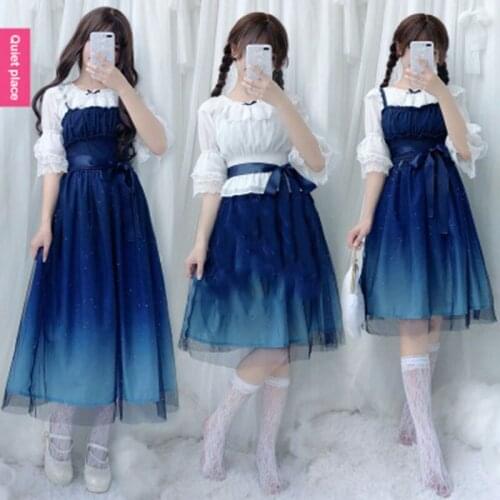 1Pcs Japanese Soft Sister Long Sleeve Dress Cross Six-Pointed Star Gauze Dress Lolita Short Sleeve Japanese Cosplay Costume