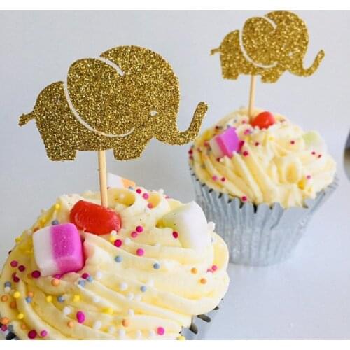 Glitter gold Elephant wedding Christening first birthday cupcake toppers baby shower party decoration doughnut food picks