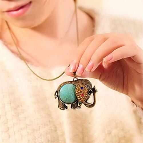 Bohemia Fashion Jewelry Vintage Copper Color Elephant Pendant Necklace sweater chain Necklace retro Stone with long necklace
