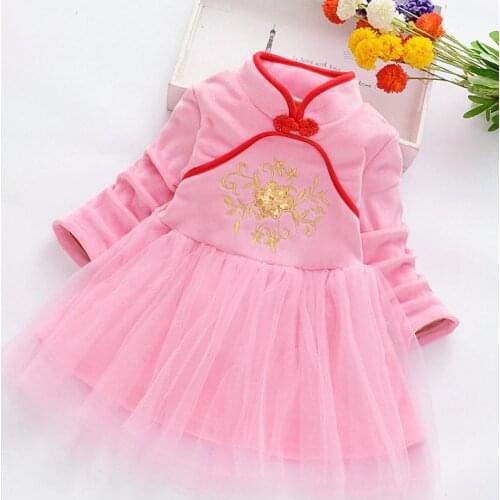 Chinese Style Kids Embroidery Mandarin Collar Fleece Princess Dress Thickened Kids Girls Winter Long Sleeve Cotton Mesh Dresses