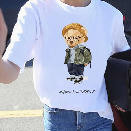 BLINGPAW Graphic T Shirts Teddy Bear explore the world Letter Print T-shirt Pure Cotton Unisex Tees Summer Tee Shirts 19 Colors