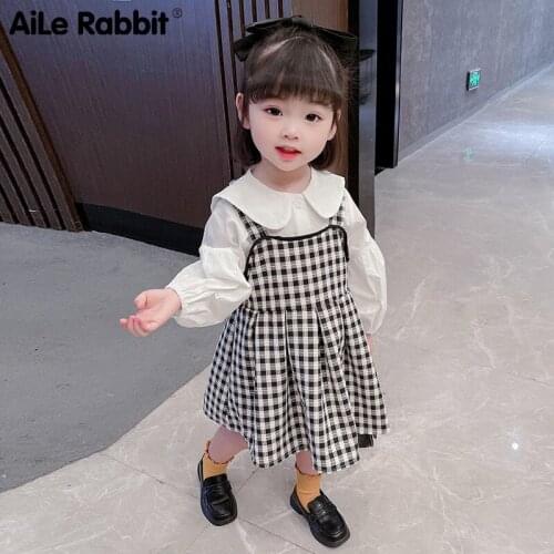 Girls' Korean Version Baby Collar Shirt Strap Plaid Skirt Set 2021 Baby Autumn Dress Small Fragrance Dress