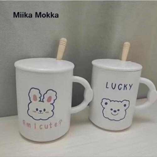 Rabbit Bear Smile Face Cup 400-500ML Cute Mugs Ins Ceramic Cup Student Korean Style Cartoon Mug with Lid and Spoon Coffee Mug