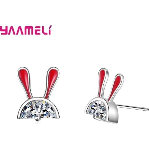 Cute Stud Earrings Girl Child Teenager Birthday Christmas Gift 925 Sterling Silver White Topaz Stone Rabbit Animal Ear Brincos