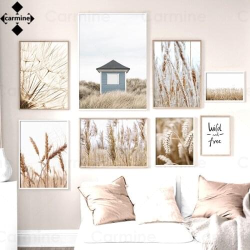 Nordic Wheat Flower Wall Art Pictures Beige Paintings Home Decor for Interior Modern Black Letters Quotes Interior Room Decor