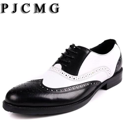 PJCMG Fashion Men Oxford Wedding Male Lace-Up Pointed Toe Patchwork Office Genuine Leather Dress Black/Brown Size 38-44 Shoes