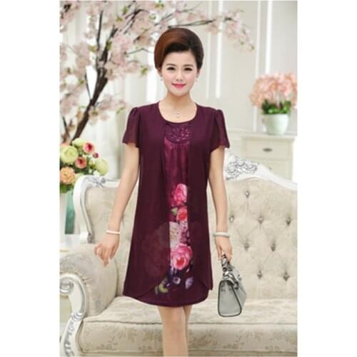 Plus size dress summer mid-length loose middle-aged womens fake Round neck two-piece printed fashion slim vestidos D174