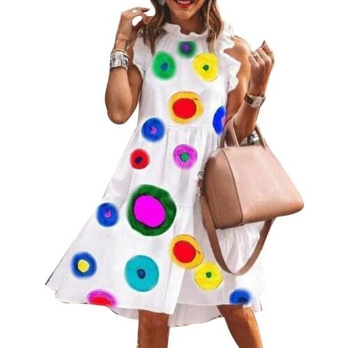 Women Dresses O Neck Sleeveless Ruffled Edges Sunflower Dots Print A Line Midi Dress Womens Clothing 2021