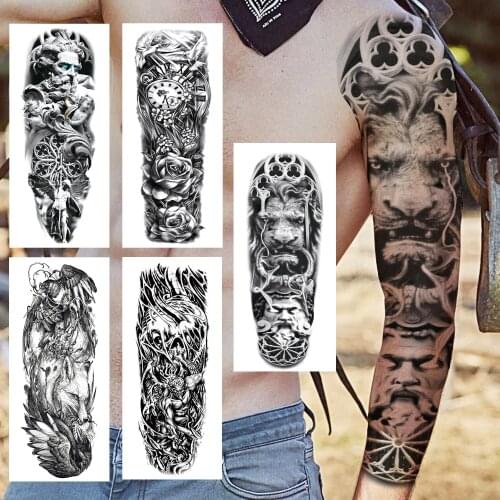 Tribal Lion God Temporary Tattoos Sleeve For Men Adults Realistic Fake Compass Rose Eagle Tatoo Transfer Full Arm Tattoo Sticker