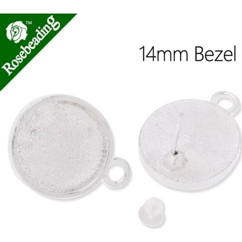 14mm Silver plated stud earring,earring bezels,earring blank,fit 14mm glass cabochon;with rubber stoppers,sold 20pcs/lot-C3708