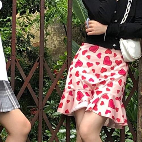 Multi Heart Print Women Summer Short Mini Skirt Heart Print High Waist Ruffled Fishtail Skirt Ladies Streetwear Slim Bottoms