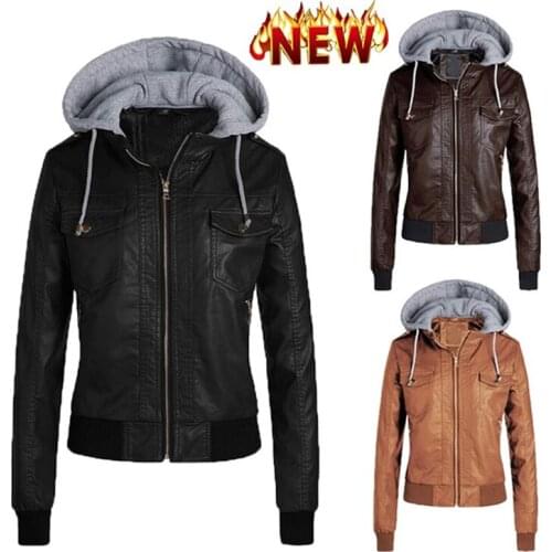Gothic Faux Leather Hoodies Women Hoodies Winter Autumn Motorcycle Jacket Faux Leather PU Jacket Coat Fleece Jackets