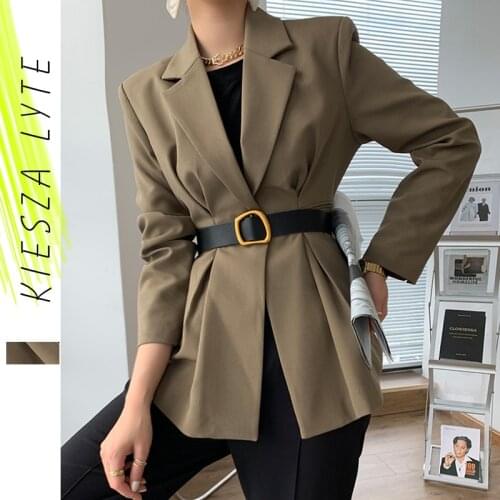 Women Elegant Suit Jacket Long Sleeve Slim Belted Blazer Elegant Solid Khaki Female Chic Lady Office Outwear Coat