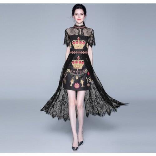 2019 Runway Vintage Crown Print Dress For Women Short Sleeve Stand Collar Sexy Perspective Lace Patchwork Mid-Calf Length Dress